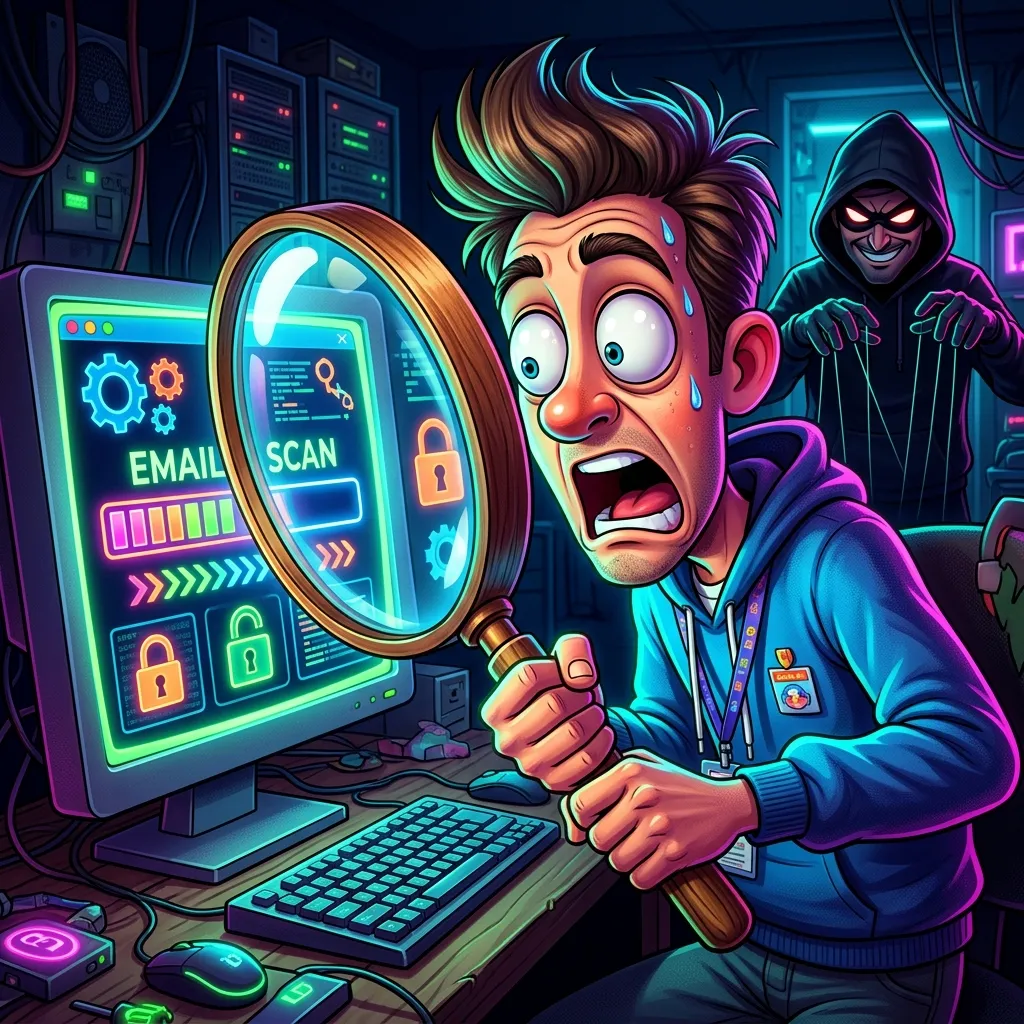 A shocked cartoon character looking at an email dark web scan on a computer.